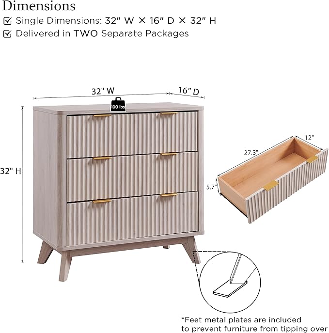 T4TREAM Fluted 3 Drawers Nightstand Set of 2, Oversized Extra Large Modern Side Table, End Table Bedside for Bedroom, Living Room, Curved Profile Design, White Alder