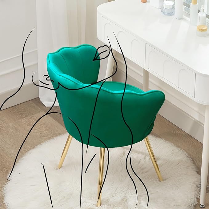 Velvet Vanity Chair with Back, Mid-Century Modern Small Accent Chair for Living Room, Golden Metal Legs Upholstered Makeup Chair, 1Pcs Bedroom Armchair, Emerald Green