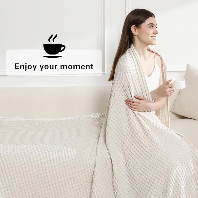 Aganear Waffle Blanket - Lightweight Breathable Summer Blanket of 50% Cotton and 50% Rayon Derived from Bamboo for Hot Sleepers Luxury Throws for Bed, Couch and Sofa,Beige,90x90 Inches