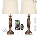 Seealle Beige Brown Lamps for Bedrooms Set of 2 - Touch Control Bedside Lamp with USB C+A, 3 Way Dimmable Nightstand Lamps with USB Port, Table Lamp for Living Room(Beige Shade and Brown Base)