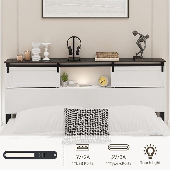 King Wood Bed Frame, Sliding Barn Door Storage Headboard with LED Lights and Charging Station, Farmhouse Wood Platform Bed with Metal Slat Supports, No Box Spring Required, Noiseless, White