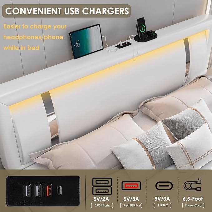 Keyluv King Size Bed Frame with RGB LED Lights & 2 Storage Drawers, Modern Upholstered Platform Bed with Iron Metal Decor, USB Charging Ports, White