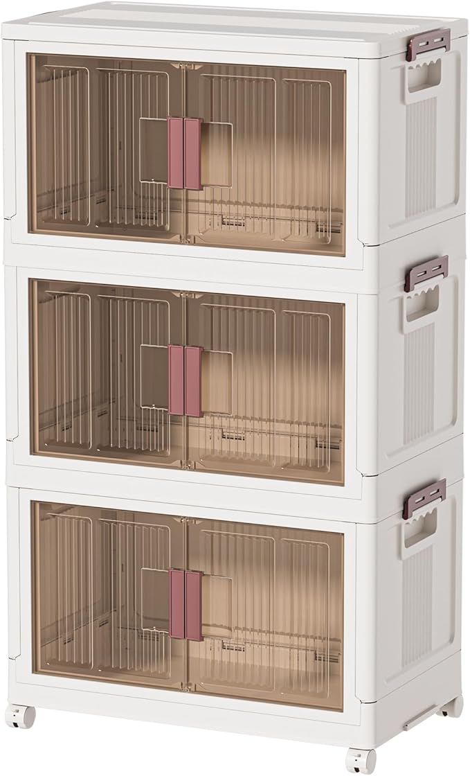 45GAL/180QT 3 tier large stackable storage bins with lid and wheels, collapsible storage bins plastic with doors，suit for clothes, closet, home and office