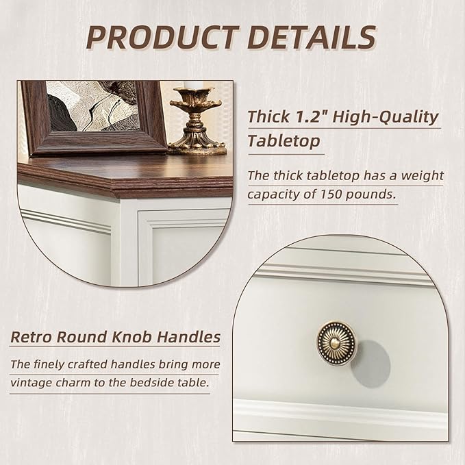 24" Wide Farmhouse Night Stand Set of 2,Large End Table with 3 Drawers & Metal Handle,White Wood Dresser for Bedroom, Bed Side Table Chest of Drawers Cabinet, Nightstand for Living Room,Closet