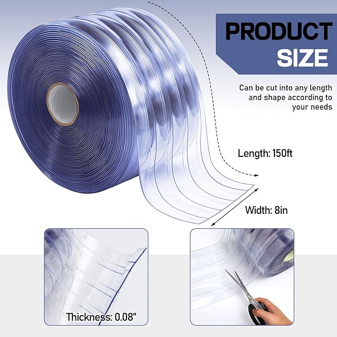 Moukeren Plastic Door Curtain for Winter 150 ft x 8 Inch Thermal Insulated Garage Door Strip Curtains Smooth Waterproof Clear PVC Strip Curtain for Warehouse Freezer Garage, 0.08" Thickness(Striped)