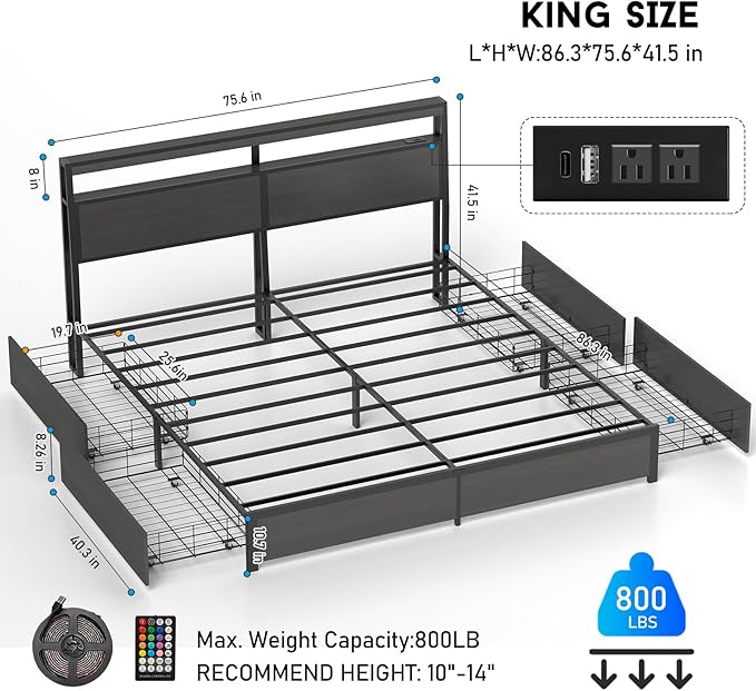 King Bed Frame with Storage Headboard and 4 Drawers, Metal Platform Bed Frame with LED Light, Charging Station, No Box Spring Needed, Noise Free, Easy Assembly,Charcoal Grey