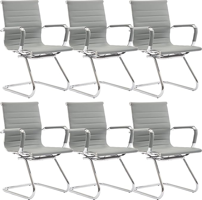 Wahson Office Guest Chairs Set of 6, Leather Reception Chairs, Mid Back Waiting Room Chair, Conference Chairs with Sled Base, Desk Chair No Wheels for Meeting/Lobby/Restroom, Grey