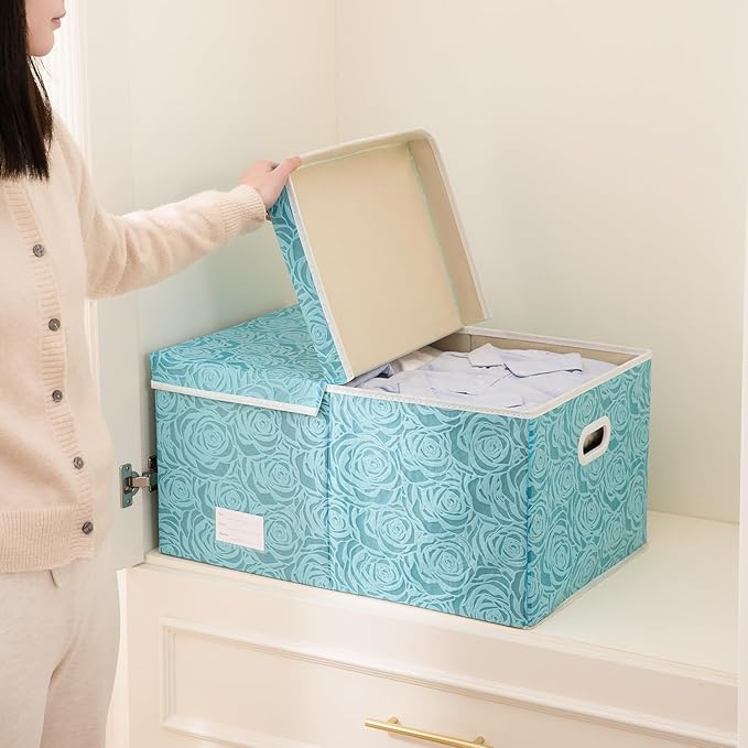 PRANDOM Extra Large Collapsible Storage Cubes with Lids Fabric Decorative Storage Bins Boxes Organizer Baskets with Cover Handles for Bedroom Closet Living Room 19.6x15.7x11.8 Inch 3 Pack
