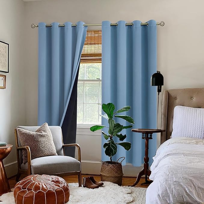 BGment Thermal Insulated 100% Blackout Curtains for Bedroom with Black Liner, Double Layer Full Room Darkening Noise Reducing Grommet Curtain (52 x 72 Inch, Denim Blue, 2 Panels)