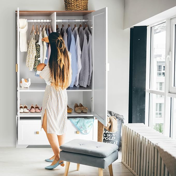 VINGLI 38" Wide Wardrobe Closet, White Armoire Wardrobe with Hanging Rod, Shelves and Drawer, Freestanding Closet Armoire Cabinet,Armoires and Wardrobes with Doors for Bedroom,Dorm,21"D x 38"W x 65"H