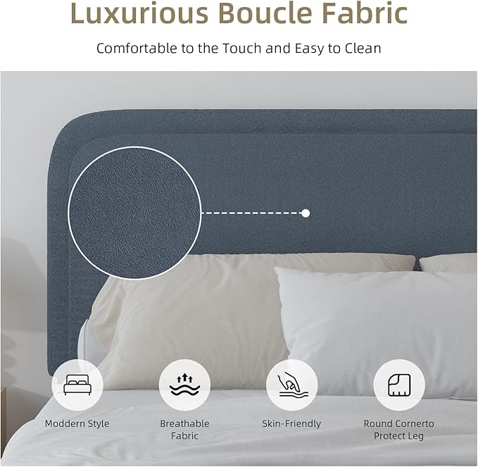 BarnFurin Twin Bed Frames with Headboard,Cloud Boucle Upholstered Platform Bed, Modern Style, Soft Rounded Corners, No Box Spring Needed, Easy Assembly, Blue