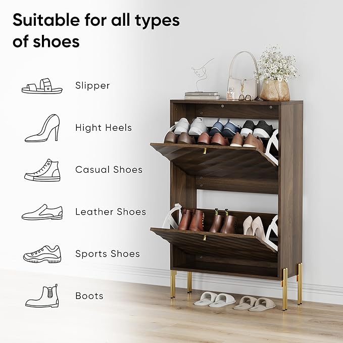 Vibe & Dine 2 Flip Drawer Shoe Cabinet, Modern Shoe Organizer for Entryway Slim, Freestanding Wood Shoe Rack Cabinet for Hallway, Bedroom, Living Room, Black Walnut