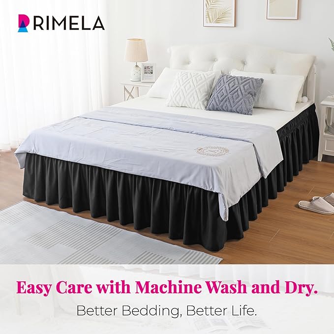 RIMELA Black Bed Skirt King Size 15 Inch Drop, Elastic Bed Skirting for Bed Base and Frame, Bedding Dust Ruffle Easy to Install, Lightweight Wrap Around Adjustable Bedskirt