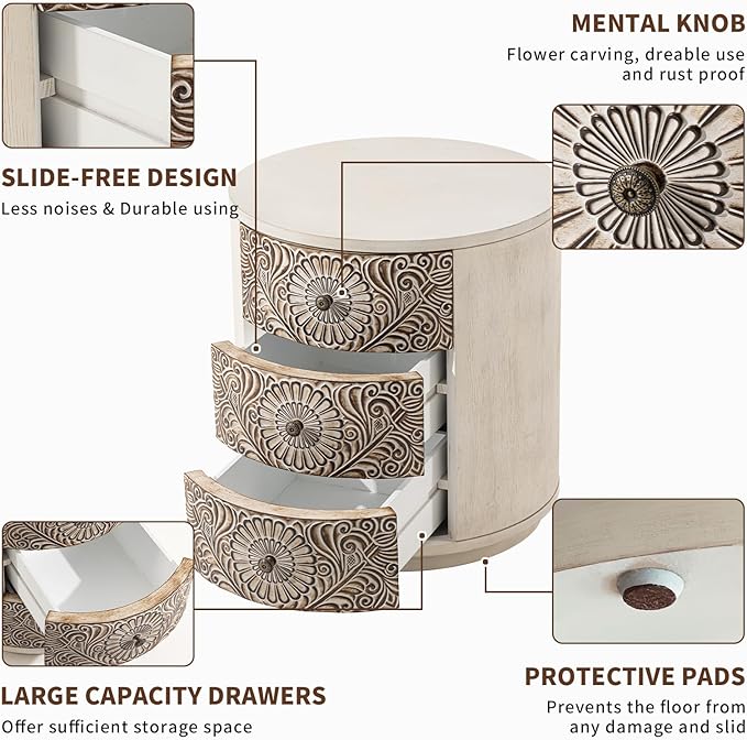 COSIEST Bedside Table Set of 2, Wood Nightstand 3 Drawers, Farmhouse Round End Table with 3 Drawers, Dresser with Drawers for Bedroom, Living Room