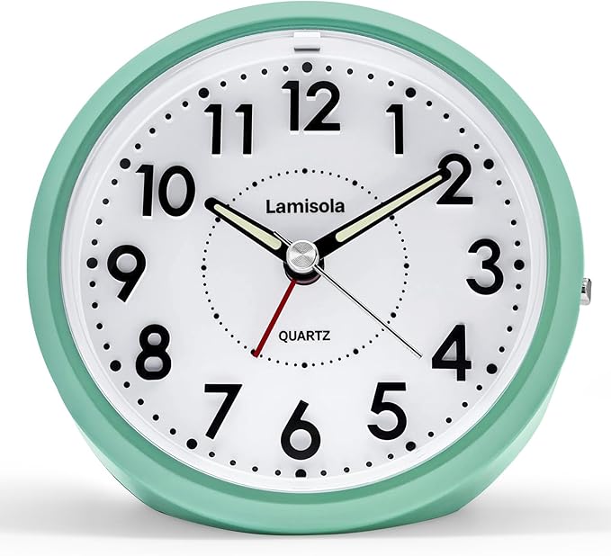 4 Inch Analog Battery Alarm Clock for Seniors, Small Desk Bedside Nightstand Vintage Clock, Alarm Clocks for Bedrooms Bathroom Kithchen Home Office Decor, Large Display for Elderly, Mint