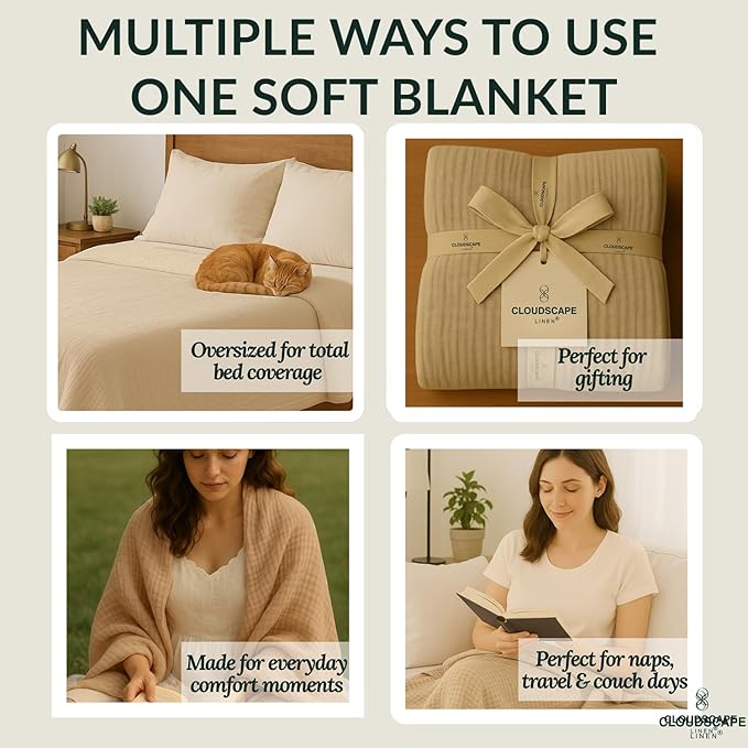 Cloud Scape Linen 8-Layer Muslin Blanket Queen Size - 100% Cotton, Soft and Breathable, Oversized Winter Blanket, Fits up to Full Size Bed, 92x92, Fog