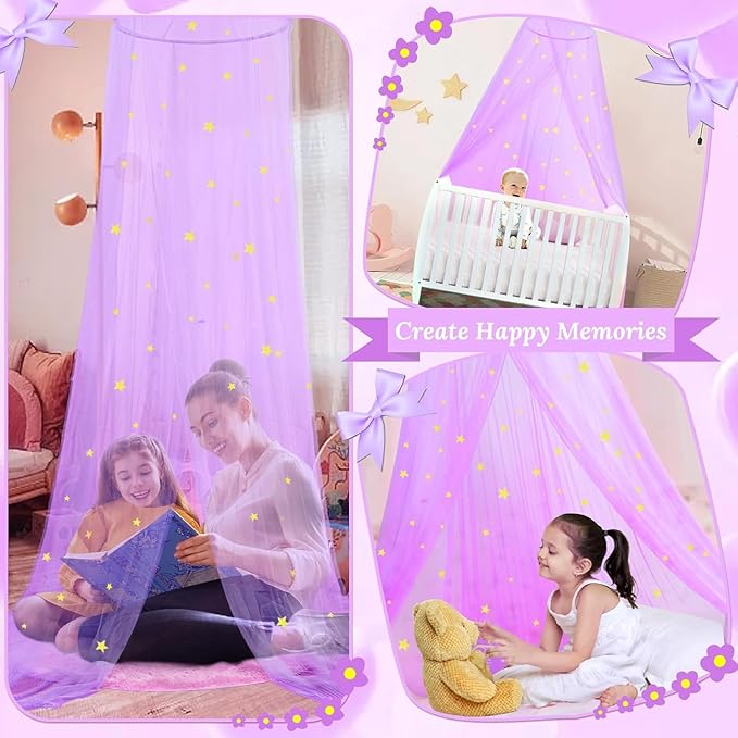 South to East Princess Bed Canopy for Girls with Glowing Stars, Purple Canopy for Girls Room, Bed Canopy Curtains from Ceiling for Twin Beds, Full Size Beds, Ideal Gift for Kids