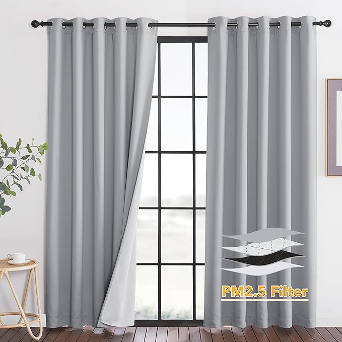 RYB HOME Dustproof Curtains for Large Window, Soundproof Thermal Insulated Blackout Curtains for Sliding Glass Door Furance Office Dorm Bedroom Living Room, Silver Grey, W62 x L95 inch, 2 Panels