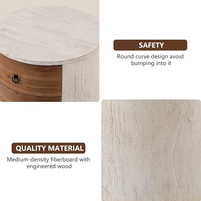 COSIEST 3 Drawer Chest of Drawers, 20 inch MDF Round Storage Cabinet, Retro Whitewash Finish Nightstand, Wood Bedside Table with Drawers for Bedroom Living Room