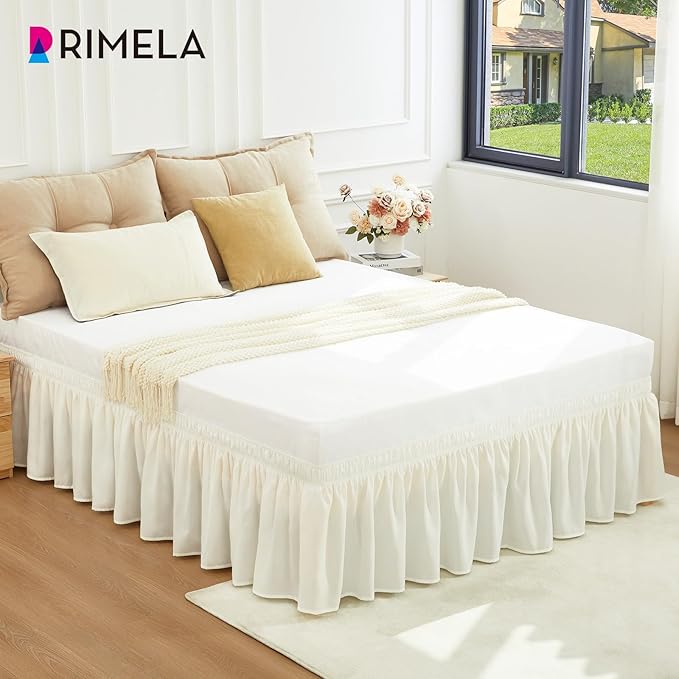 RIMELA Queen Bed Skirt 14 Inch Drop Ivory White, Wrap Around Elastic Bed Skirts Queen Size Dust Ruffle, Bedskirt for Adjustable Bed Base Solid Silky Fabric Machine Washable Easy to Install