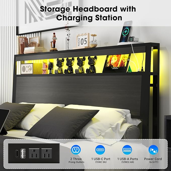 Fabuils Full Size Bed Frame with Storage, LED Wood Bed Platform with Headboard, 4 Drawers, Charging Station, No Box Spring Needed, Metal Support Base,Charcoal Grey