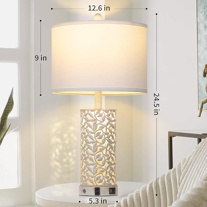 Morden Farmhouse Table Lamps Set of 2, Touch Control Bedside lamp with 2 USB Ports & AC Outlet,Vintage Nightstand Lamp with Nightlight for Bedroom Living Room Entryway,White