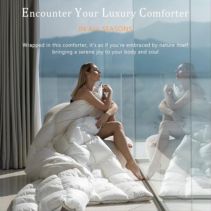 Luxury White Down Fiber Comforter King Size - Down Fiber Comforter for All Seasons - Ultra-Soft Duvet Insert Medium Warmth - Hotel Collection Comforters，59 Oz (106x90)