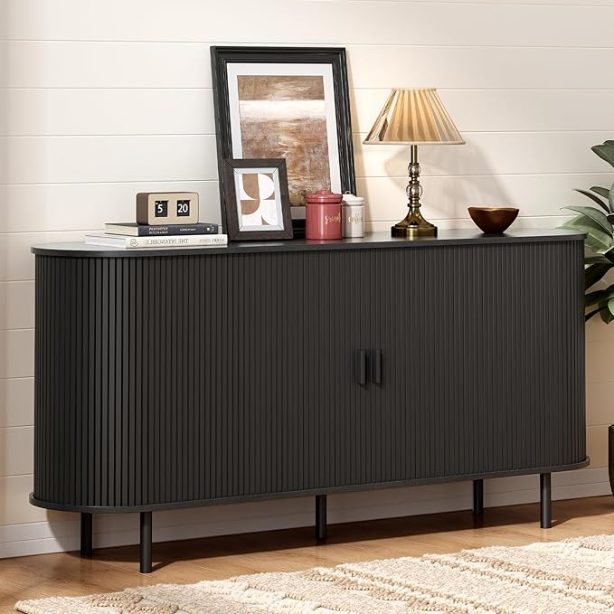 ONBRILL 63" Sideboard Buffet Cabinet with Storage, Storage Cabinet with Sliding Door & Adjustable Shelf, Modern Accent Coffee Bar Console Table for Kitchen, Entryway, Black
