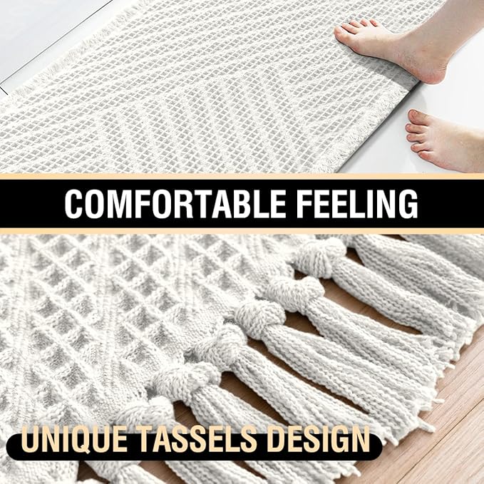 H.VERSAILTEX Waffle Bath Runner Rug Long Bath Mat Super Absorbent Boho Bath Rugs Non Slip Bath Runner for Bathroom Floor Machine Washable Dry Fast Bathroom Rugs with Tassels, 24" x 72", Ivory White