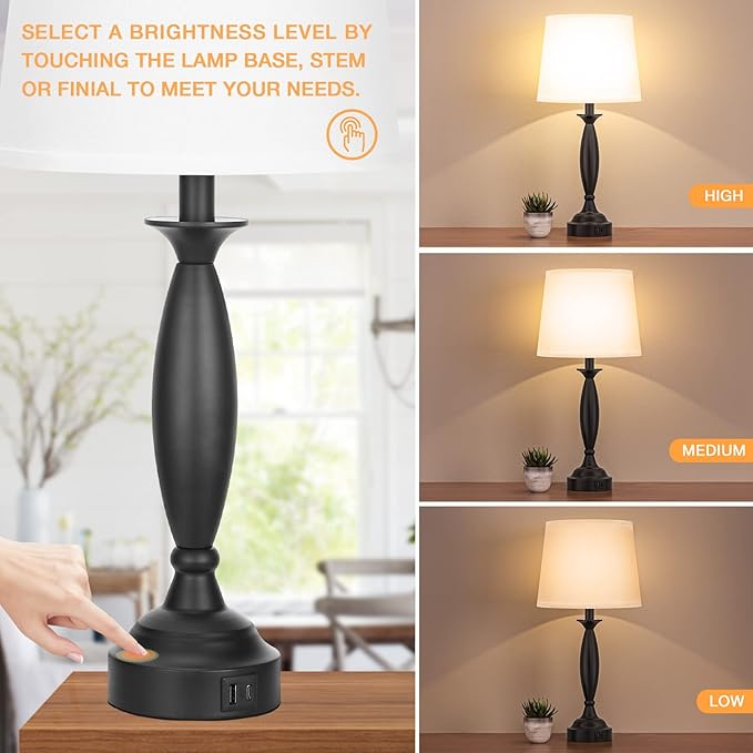 Seealle White Lamps for Bedrooms Set of 2 - Touch Control Bedside Lamp with USB C+A, 3 Way Dimmable Nightstand Lamps with USB Port, Table Lamp for Living Room(White Shade and Black Base)