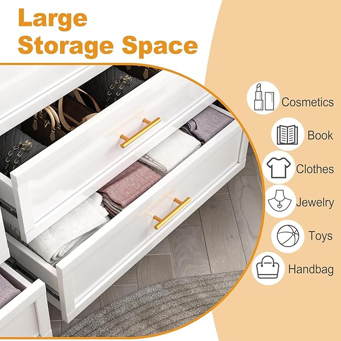 5 Drawer Dresser, Metal Tall Dresser for Bedroom, White Bedroom Dressers with Drawers, Curved Corner Design Dressers & Chest of Drawers, Storage Cabinet for Hallway, Entryway (White)