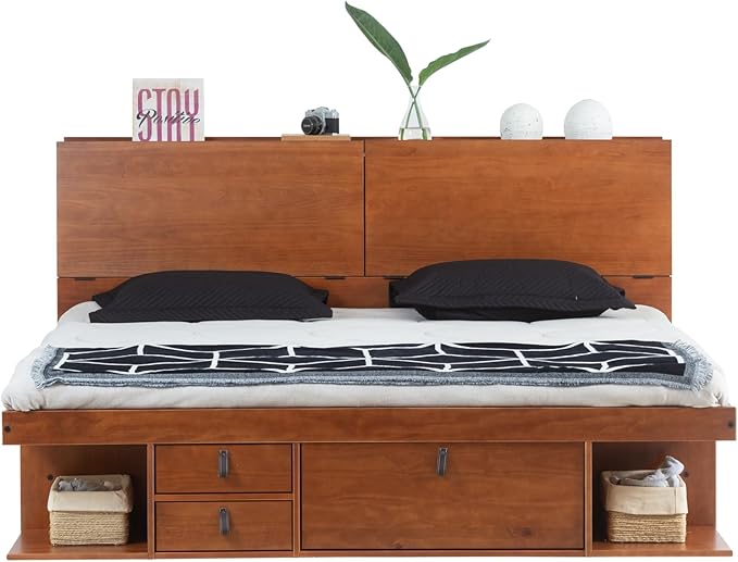 memomad Bali Set: Storage Platform Bed with Drawers + Bookcase Headboard (King Size, Caramel Brown Wood)
