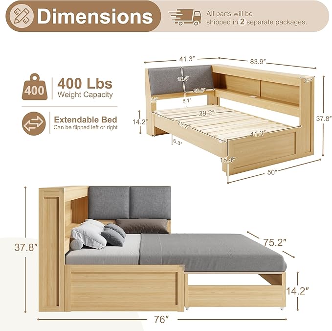 Corner Bed Frame with Extendable Trundle Bed and Bookcase Upholstered Headboard, 3-in-1 Twin Size Wood Daybed with LED Lights and Charging Station, for Bedroom, Guest Room, Natural Oak