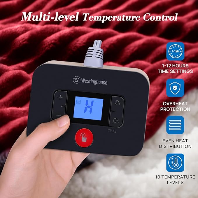 Westinghouse Electric Blanket Twin, Soft Ribbed Flannel to Sherpa Heated Blanket with 10 Heating Levels & 1-12 Hours Auto Shut Off, Fast Heating & Machine Washable, 62x84 Inch, Red