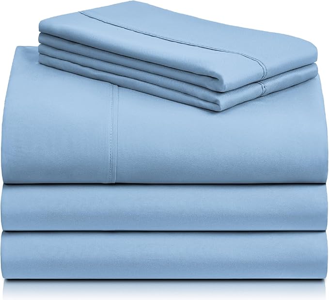 LuxClub 5 PC Split King Sheet Set, Deep Pockets Wrinkle Free Cooling Bed Sheets Hotel Bedding for Women, Men, Includes 2 Fitted Sheet, 1 Flat Sheet and 2 PillowcasesSoft Sky