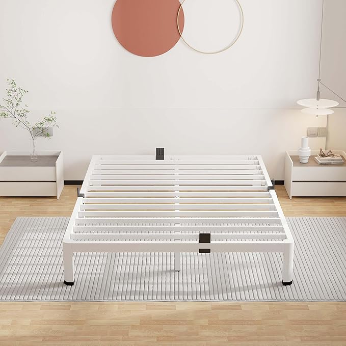 ROIL 10 Inch White Full Bed Frame with Rounded Corner and Mattress Retainers, 3500LBS Heavy Duty Steel Slats No Box Spring Needed Platform Noise-Free Easy Assembly