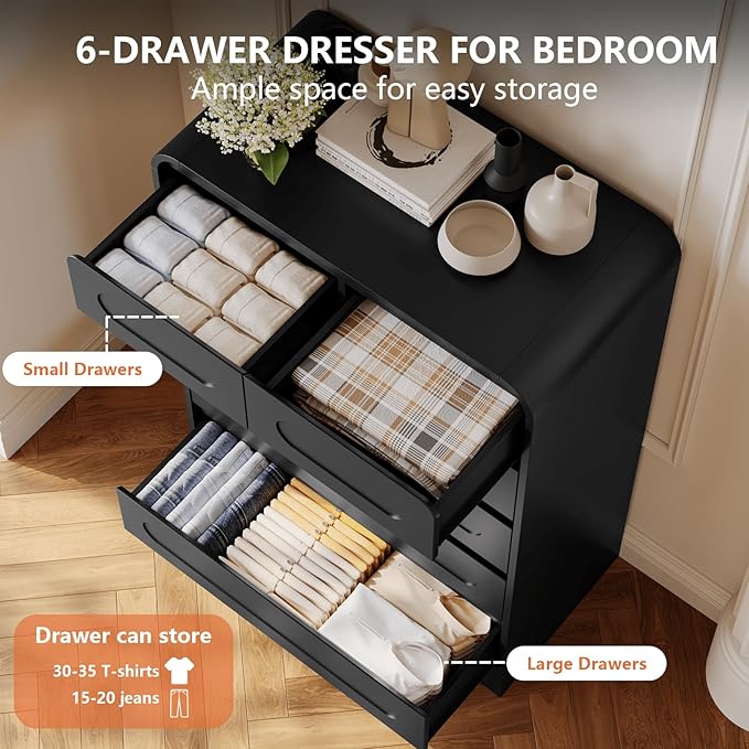5 Piece Bedroom Sets, Modern Dresser and Nightstand Sets & Bookshelf with Safe Curved Design, Including Tall Bookshelf High & Wide 6 Drawer Dressers and Night Stand Set of 2 for Bedroom, Black