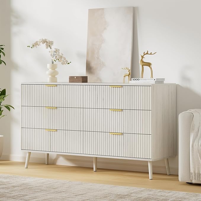 LYNSOM Fluted Dresser and Nightstand Sets 3 Piece, 6-Drawers Dresser and 1-Drawer Nightstands Set of 2, Wood Bedroom Furniture Set for Home, Bedroom, Hallway, White