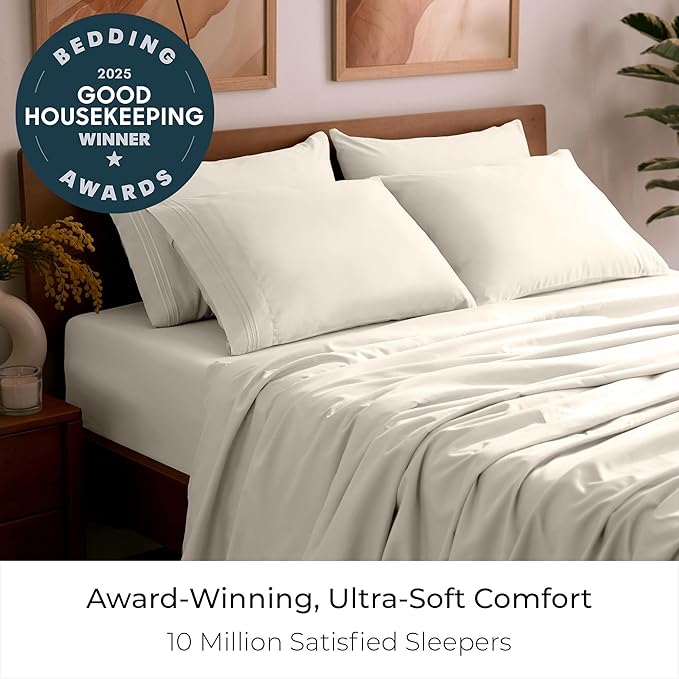 Mellanni Split King Sheet Set - 7-Piece Iconic Collection Bedding, (Including 4 Pillowcases), 16-Inch Deep Pocket, Easy Care, Extra Soft, Cooling Sheets, Brushed Microfiber - Golden Ivory