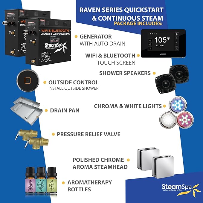 SteamSpa Steam System 18kW Steam Shower Generator with Bluetooth Wifi, Quickstart Continous Steam, Advanced Touch Pad Screen, Chroma Lights, Drain Pan and Auto Drain Chrome RVBS1800CH-A