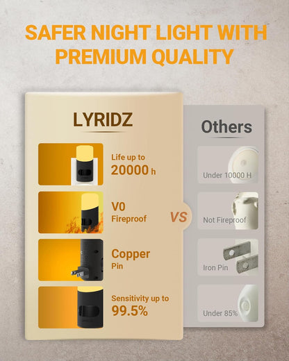 Lyridz Amber Night Light with Motion Sensor, 1-150LM Dimmable Plug-in Nightlight Indoor for Bedroom, Bathroom, Hallway, Stairs, Pet House, Toilet, 2 Pack