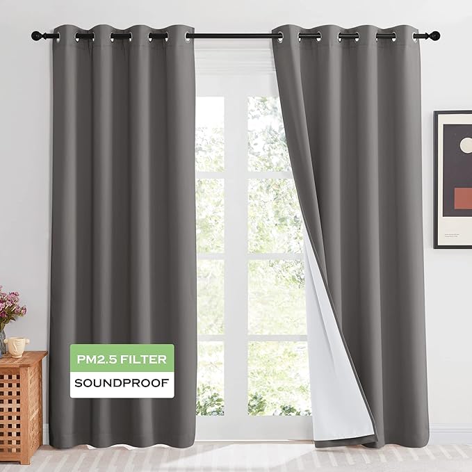 KGORGE Soundproof & Dust Particle Filtering Curtains 100% Blackout Window Cover Thermal Insulating Energy Smart Curtains for Living Room Bedroom Baby Nursery, W 52 x L 108 inches, Grey, 1 Pair