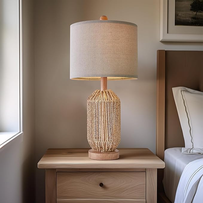 OYEARS 21" Boho Table Lamps Set of 2 for Living Room, Bedside Lamps for Nightstand, Rattan Lamp for Bedroom, Farmhouse Table Lamps for Boho Decor, End Table, Retro, Brown