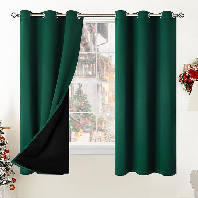 BGment Thermal Insulated 100% Blackout Curtains for Bedroom with Black Liner, Double Layer Full Room Darkening Noise Reducing Grommet Curtain (42 x 63 Inch, Emerald, 2 Panels)