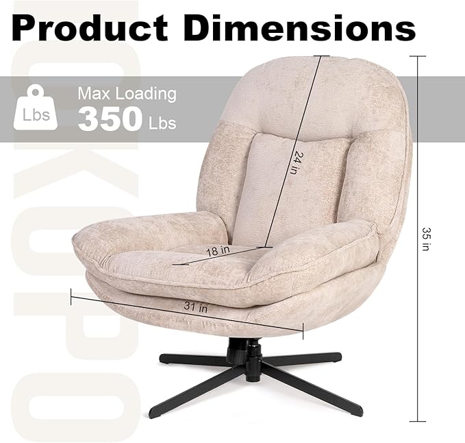 360°Free Swivel Accent Chair Set of 2 for Living Room, Slightly 20°Rocking, 24" High Backrest Upholstered Armchair, Ergonomic Design, Chenille Breathable Soft Fabric Modern Single Sofa, Beige
