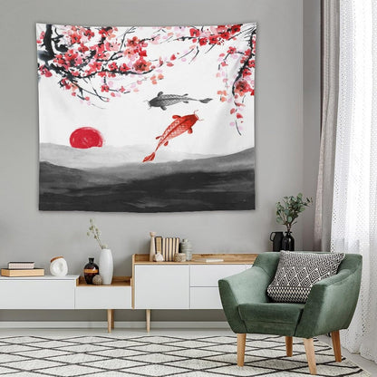Houselerax Japanese Koi Fish Tapestries, Cherry Blossoms Asian Oriental Flower Branch Koi Fish Carp Tapestry Wall Hanging for Bedroom Living Room Office Decor 60"x50"