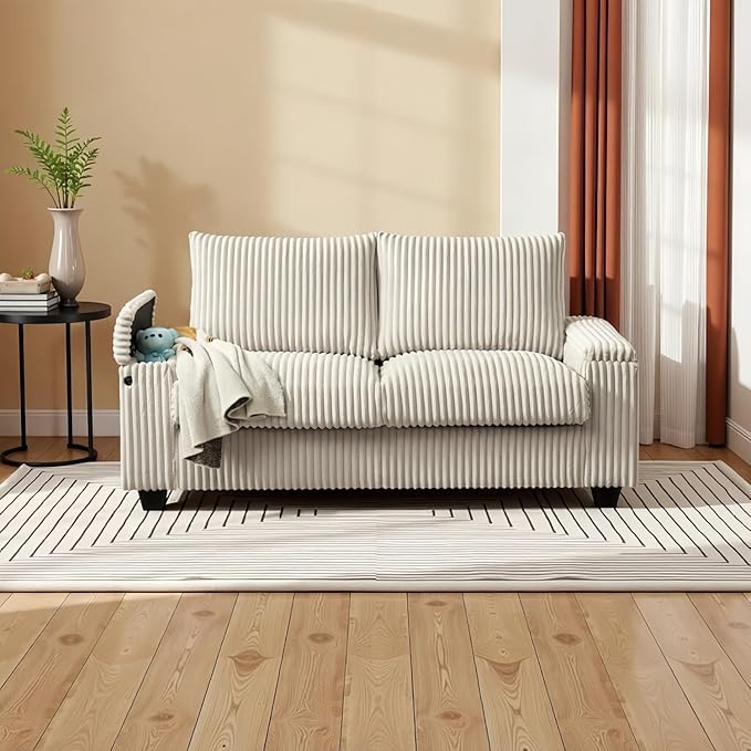 71" Loveseat Sofa, Modern Couches for Living Room,Corduroy Recliner, Dual armrest Storage Space, Integrated Spring Cushion, Solid Wood Frame, Built-in USB Charging Port (Beige)