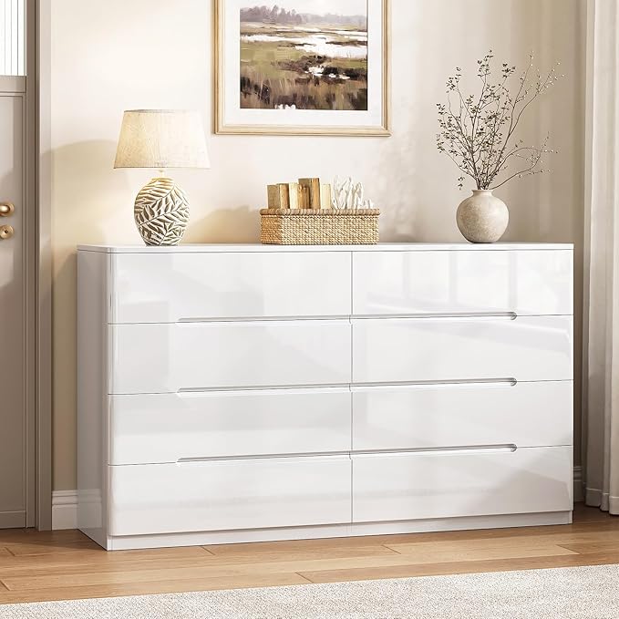 White Wood Dresser, 8 Drawer Dressers for Clothes Storage for Bedroom, Modern Dresser with Wide Drawers, Wide Wooden Chest Drawers for Living Room, Entryway, TV Stand