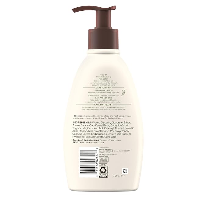 Aveeno Daily Moisturizing Face Lotion with Soothing Prebiotic Oat, Gentle Lotion Nourishes Normal to Dry Skin With Moisture, Sensitive Skin, Fragrance-Free, 12 fl. oz