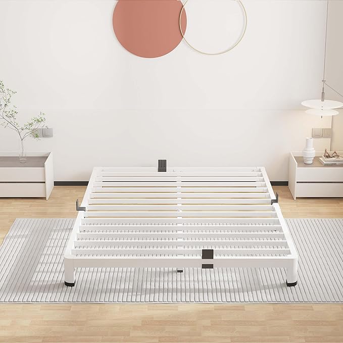 ROIL 4 Inch White Full Bed Frame with Rounded Corner and Mattress Retainers, 3500LBS Heavy Duty Steel Slats No Box Spring Needed Platform Noise-Free Easy Assembly